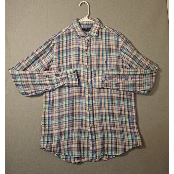 Polo Ralph Lauren Shirt Mens M Multicolor Plaid Linen Classic Fit Preppy Breezy - Picture 1 of 7
